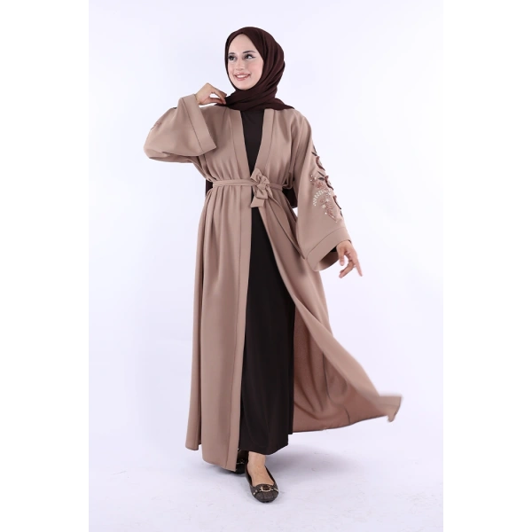 Nakış İşleme Detaylı Bel Kuşaklı Abaya 7898 Vizon