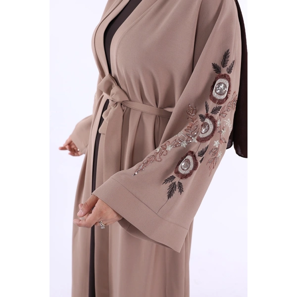 Nakış İşleme Detaylı Bel Kuşaklı Abaya 7898 Vizon