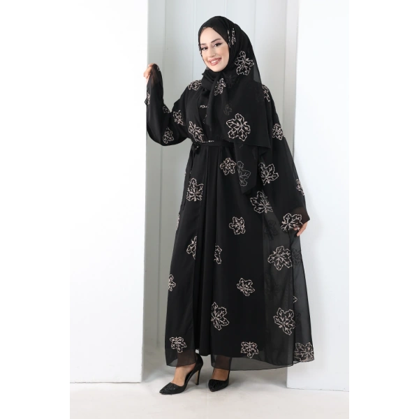 Nakışlı Şifon Şallı Abaya 2006 Siyah-Gold