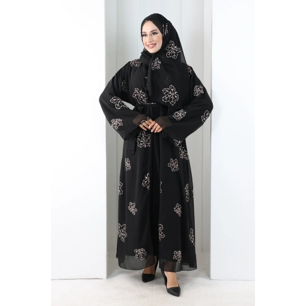 Nakışlı Şifon Şallı Abaya 2006 Siyah-Gold