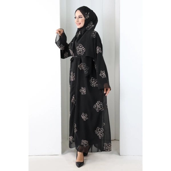 Nakışlı Şifon Şallı Abaya 2006 Siyah-Gold