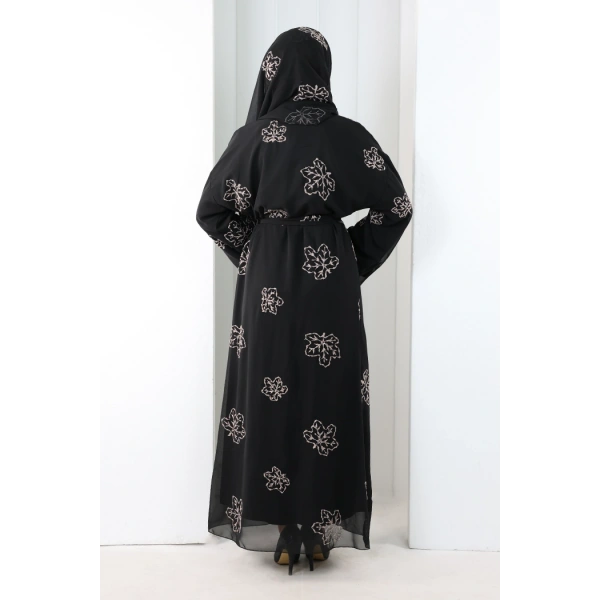 Nakışlı Şifon Şallı Abaya 2006 Siyah-Gold