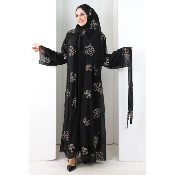 Nakışlı Şifon Şallı Abaya 2006 Siyah-Gold