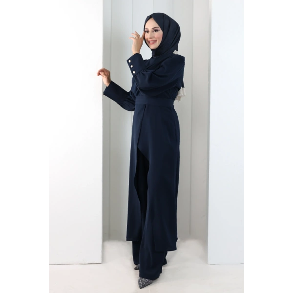 Omuz Büzgü Detaylı Tunik Takım 8709 Lacivert