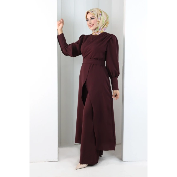Omuz Büzgü Detaylı Tunik Takım 8709 Mürdüm