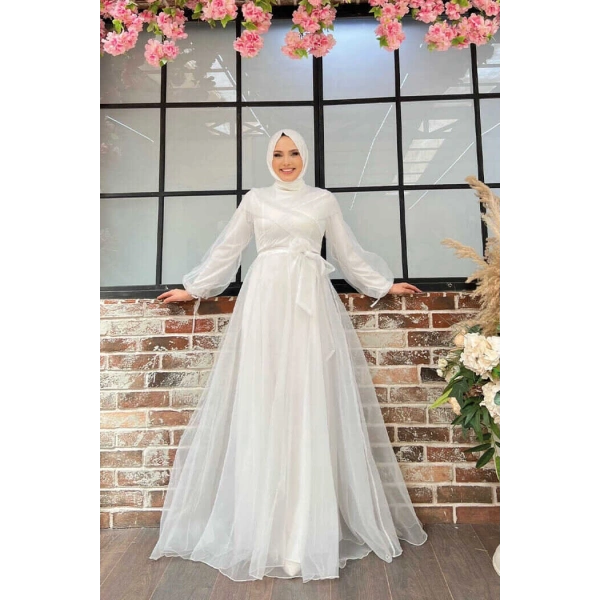 Omuz Şerit Detay Bel Bağlamalı Tül Abiye Elbise 3964 Ekru