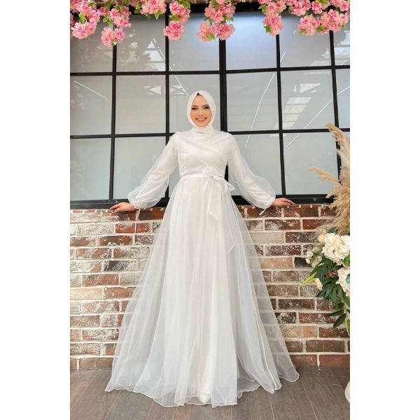 Omuz Şerit Detay Bel Bağlamalı Tül Abiye Elbise 3964 Ekru
