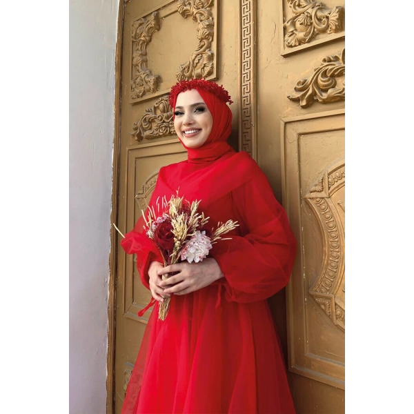 Omuz Şerit Detay Bel Bağlamalı Tül Abiye Elbise 3964 Kırmızı