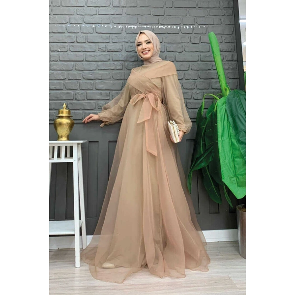 Omuz Şerit Detay Bel Bağlamalı Tül Abiye Elbise 3964 Vizon