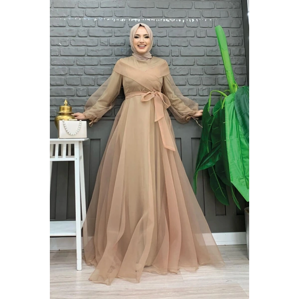Omuz Şerit Detay Bel Bağlamalı Tül Abiye Elbise 3964 Vizon