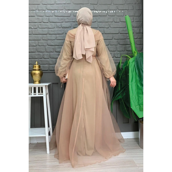 Omuz Şerit Detay Bel Bağlamalı Tül Abiye Elbise 3964 Vizon