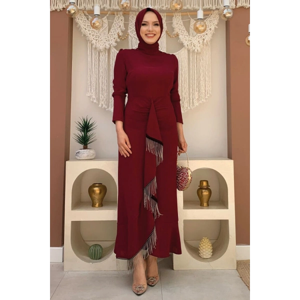 Ön Zincir Püskül Detay Balık Model Abiye Elbise 3810 Bordo