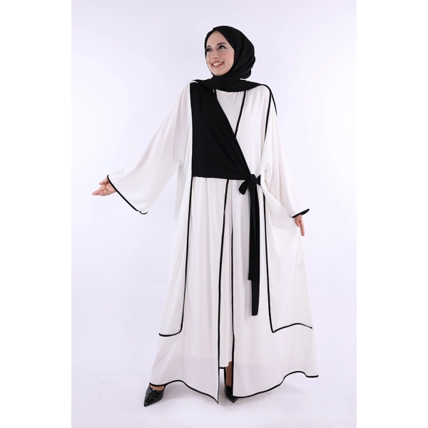 Önden Bağlama Detaylı Abaya 70005 Ekru