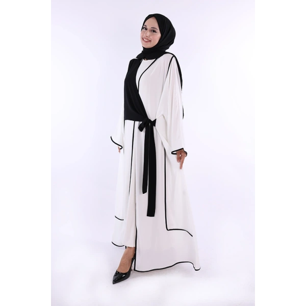 Önden Bağlama Detaylı Abaya 70005 Ekru