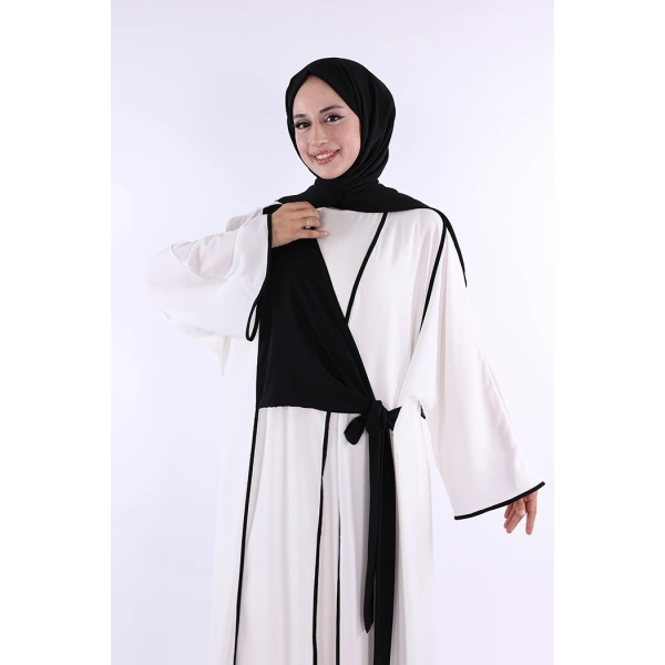Önden Bağlama Detaylı Abaya 70005 Ekru