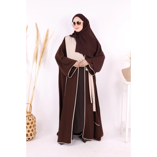 Önden Bağlama Detaylı Abaya 70005 Kahverengi