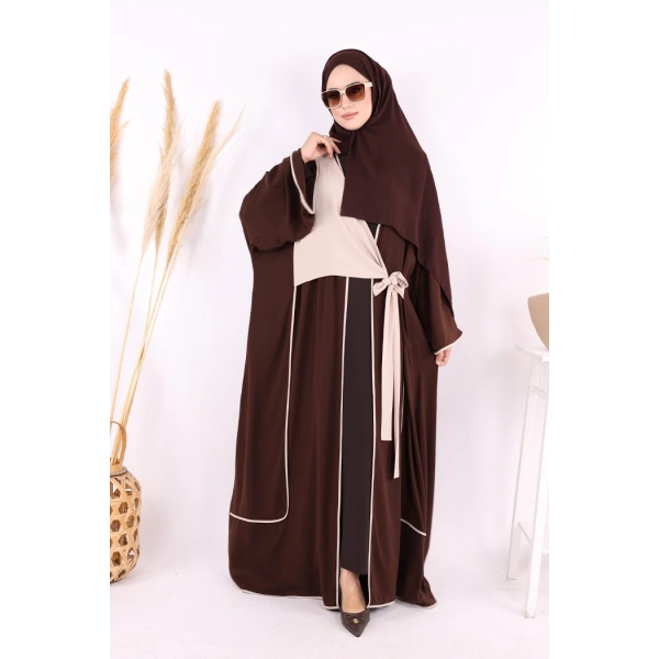 Önden Bağlama Detaylı Abaya 70005 Kahverengi