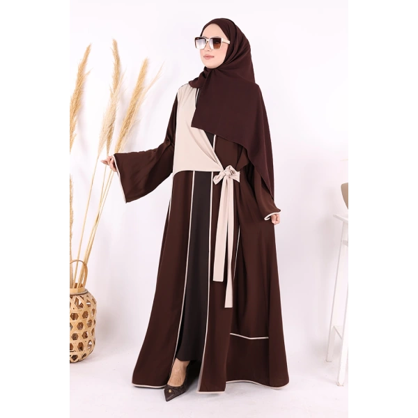 Önden Bağlama Detaylı Abaya 70005 Kahverengi