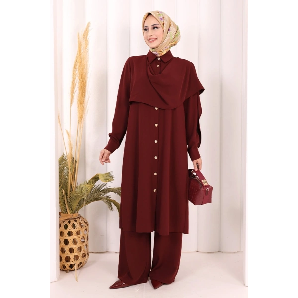 Önü Şal Detaylı Tunik Pantolon Takım 8018 Bordo