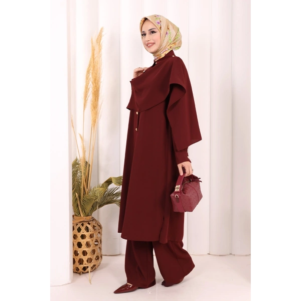 Önü Şal Detaylı Tunik Pantolon Takım 8018 Bordo