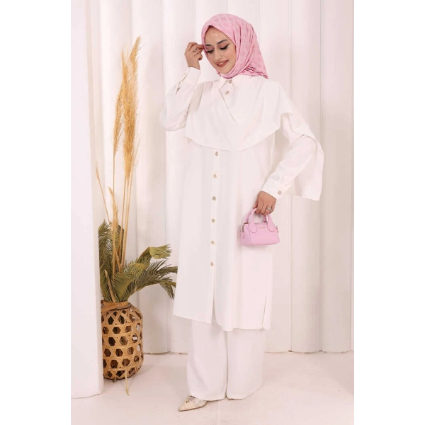 Önü Şal Detaylı Tunik Pantolon Takım 8018 Ekru