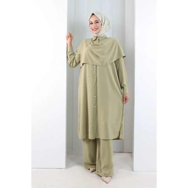 Önü Şal Detaylı Tunik Pantolon Takım 8018 Haki