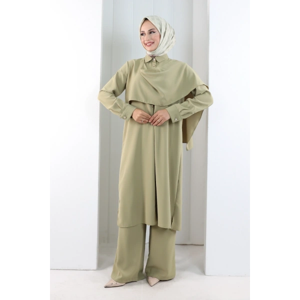 Önü Şal Detaylı Tunik Pantolon Takım 8018 Haki