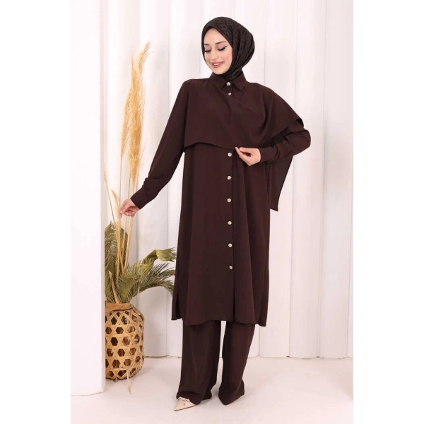 Önü Şal Detaylı Tunik Pantolon Takım 8018 Kahverengi