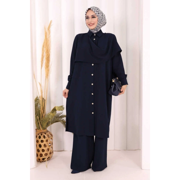 Önü Şal Detaylı Tunik Pantolon Takım 8018 Lacivert