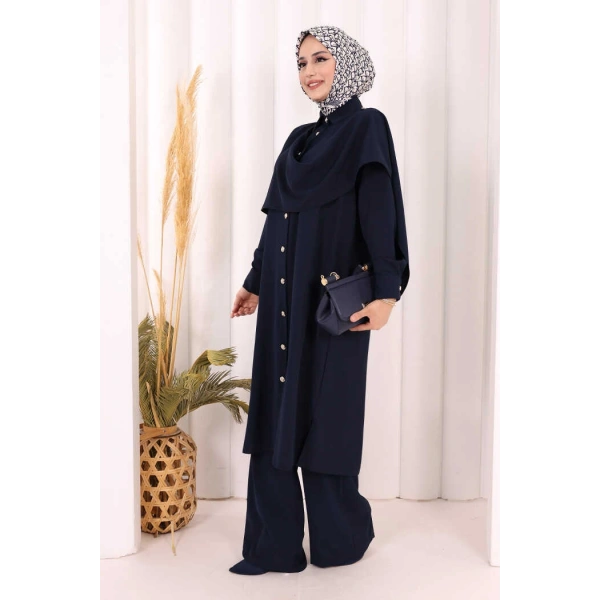 Önü Şal Detaylı Tunik Pantolon Takım 8018 Lacivert