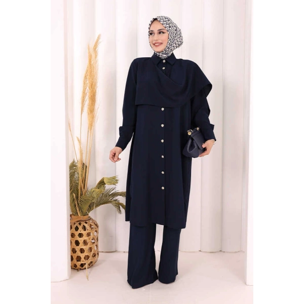 Önü Şal Detaylı Tunik Pantolon Takım 8018 Lacivert