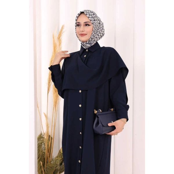Önü Şal Detaylı Tunik Pantolon Takım 8018 Lacivert