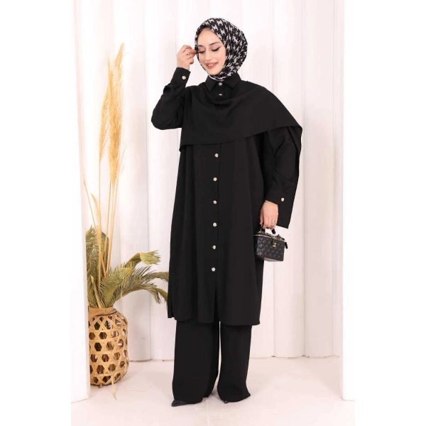 Önü Şal Detaylı Tunik Pantolon Takım 8018 Siyah