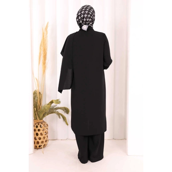 Önü Şal Detaylı Tunik Pantolon Takım 8018 Siyah
