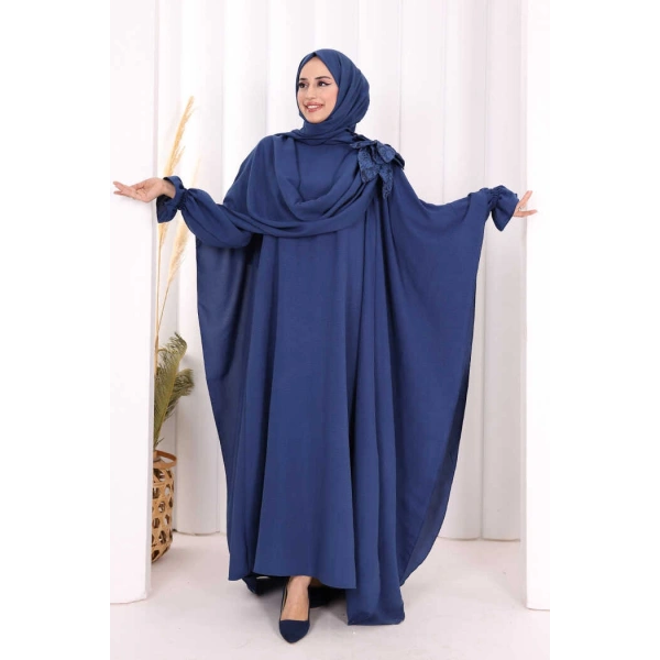 Pamuk Çiçek Detaylı Elbise Abaya ŞAL HEDİYE  8009 Lacivert