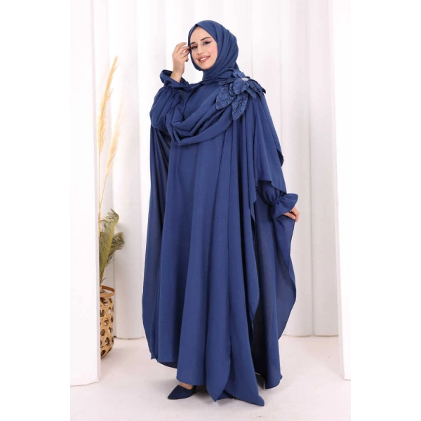 Pamuk Çiçek Detaylı Elbise Abaya ŞAL HEDİYE  8009 Lacivert