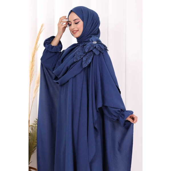 Pamuk Çiçek Detaylı Elbise Abaya ŞAL HEDİYE  8009 Lacivert