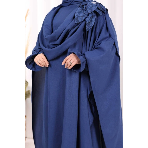 Pamuk Çiçek Detaylı Elbise Abaya ŞAL HEDİYE  8009 Lacivert