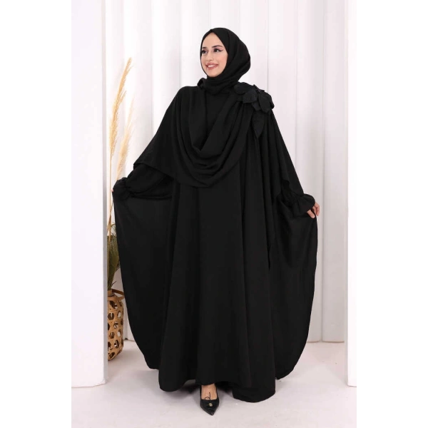 Pamuk Çiçek Detaylı Elbise Abaya ŞAL HEDİYE  8009 Siyah