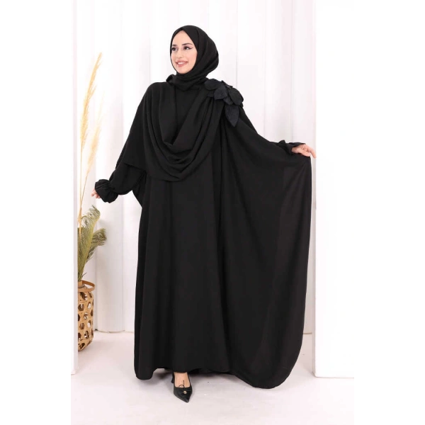 Pamuk Çiçek Detaylı Elbise Abaya ŞAL HEDİYE  8009 Siyah
