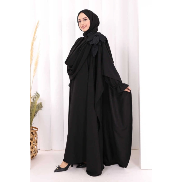 Pamuk Çiçek Detaylı Elbise Abaya ŞAL HEDİYE  8009 Siyah