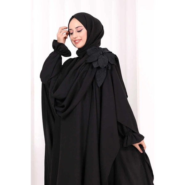 Pamuk Çiçek Detaylı Elbise Abaya ŞAL HEDİYE  8009 Siyah