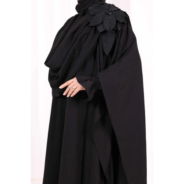Pamuk Çiçek Detaylı Elbise Abaya ŞAL HEDİYE  8009 Siyah