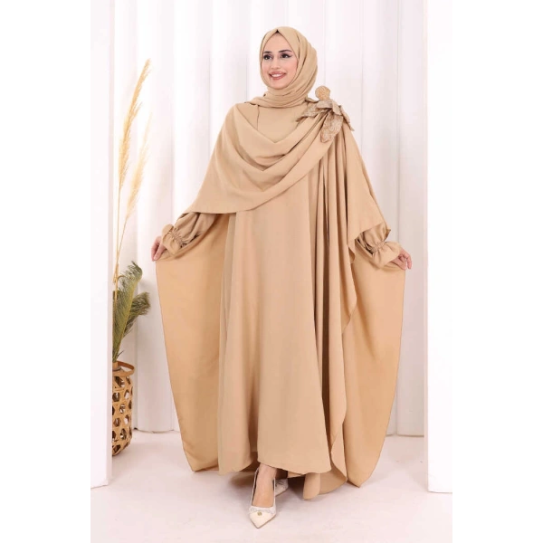 Pamuk Çiçek Detaylı Elbise Abaya ŞAL HEDİYE  8009 Vizon
