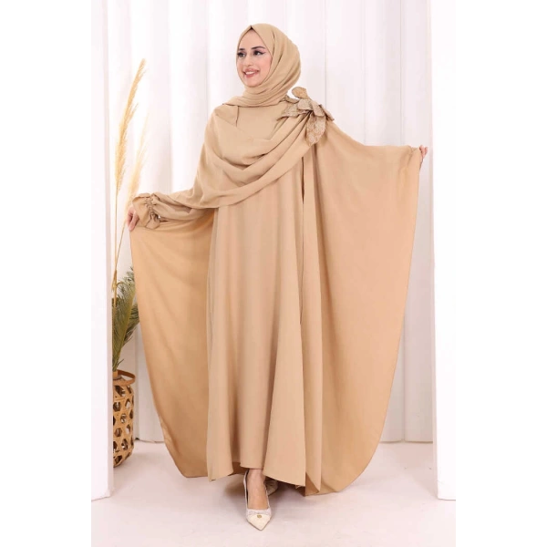 Pamuk Çiçek Detaylı Elbise Abaya ŞAL HEDİYE  8009 Vizon