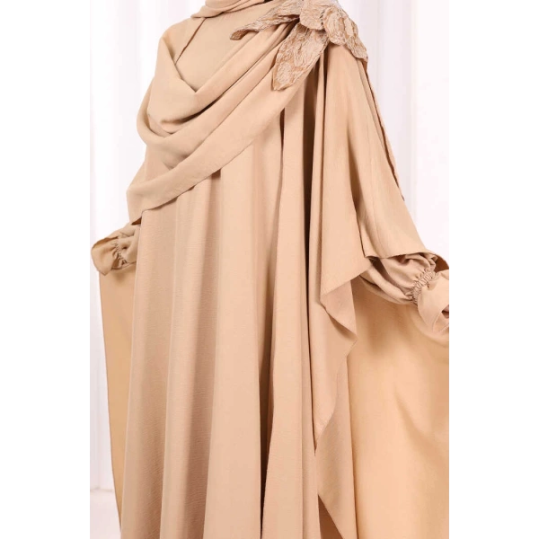 Pamuk Çiçek Detaylı Elbise Abaya ŞAL HEDİYE  8009 Vizon