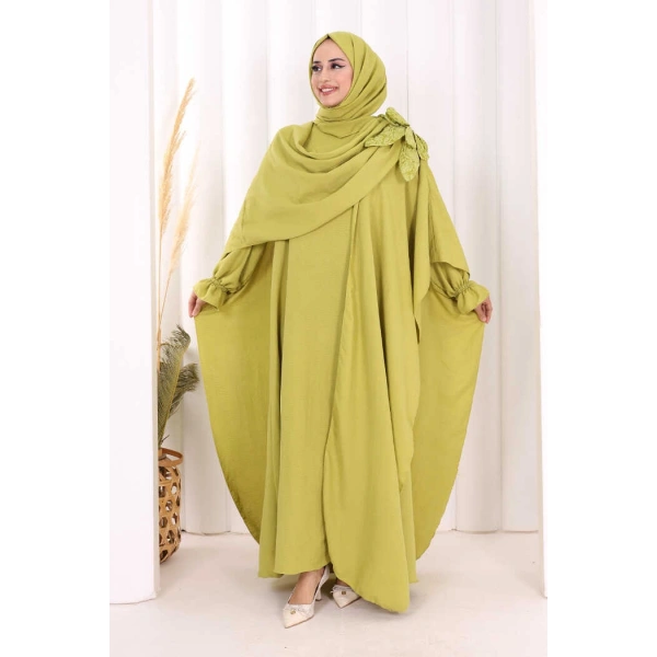 Pamuk Çiçek Detaylı Elbise Abaya ŞAL HEDİYE  8009 Yağ Yeşili