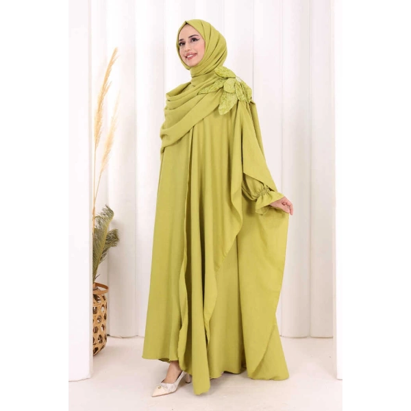 Pamuk Çiçek Detaylı Elbise Abaya ŞAL HEDİYE  8009 Yağ Yeşili