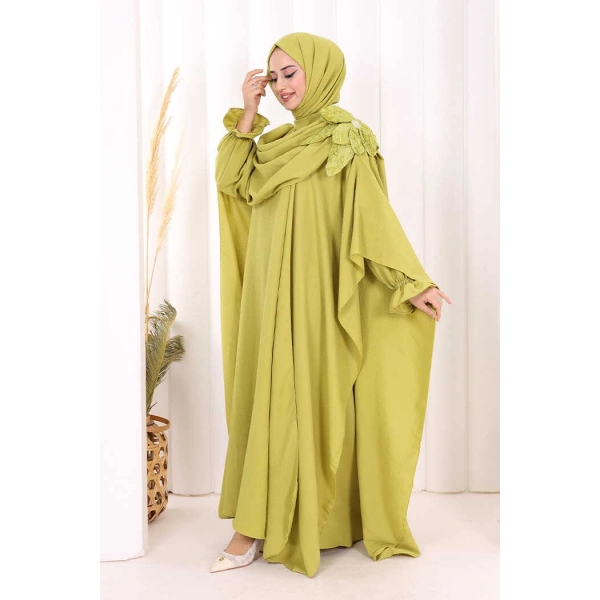 Pamuk Çiçek Detaylı Elbise Abaya ŞAL HEDİYE  8009 Yağ Yeşili