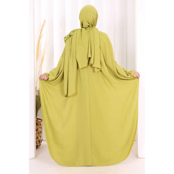 Pamuk Çiçek Detaylı Elbise Abaya ŞAL HEDİYE  8009 Yağ Yeşili